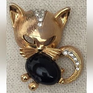 RARE Vintage CRAFT Signed Gold Tone CAT Brooch Pin Midcentury Rhinestones